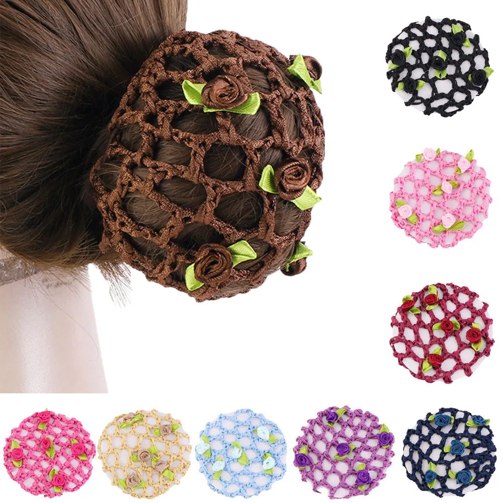 Nuevo Furling niñas mujeres Rosa flor bailarina pelo moño titular redecilla patinaje Crochet estilo sombreros accesorios para el cabello