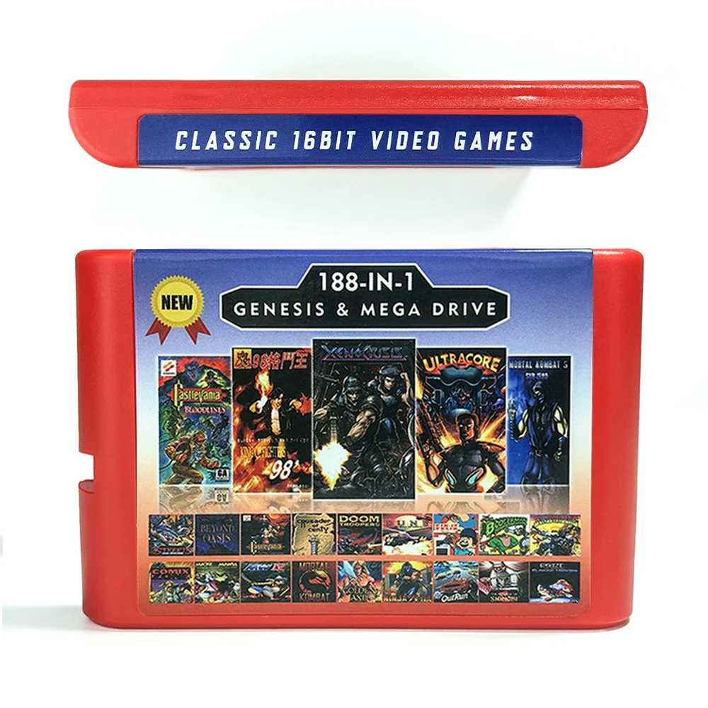 خرطوشة ألعاب جديدة 188 في 1 2G لوحدة تحكم ألعاب الفيديو Sega Genesis Megadrive مع Mortal Kombat 5 Ultracore Xeno Crisis