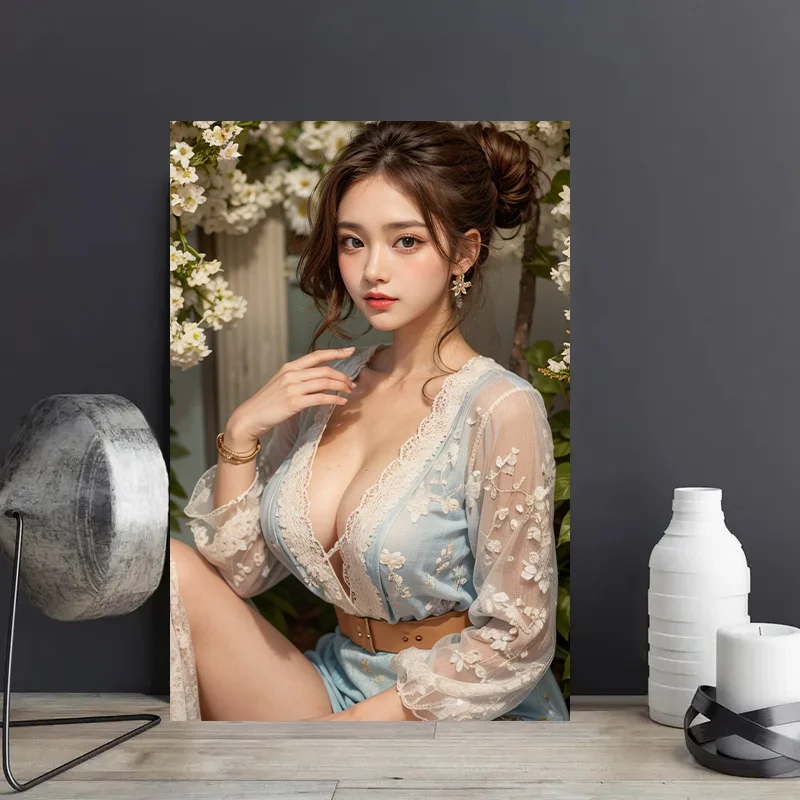Elegant Asian Woman HD Metal Tin Sign Light Blue Lace Floral Dress White Blossom Garden Vintage Wall Art Plaque Retro