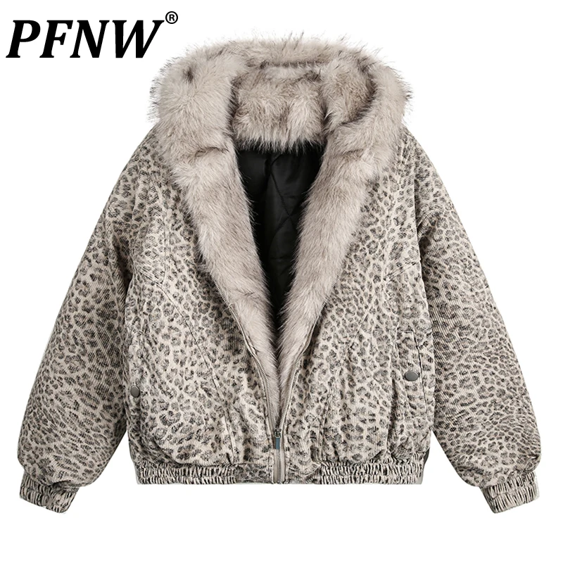 PFNW, abrigos acolchados de algodón con capucha y cuello de piel con estampado de leopardo para hombre, chaquetas acolchadas acolchadas informales