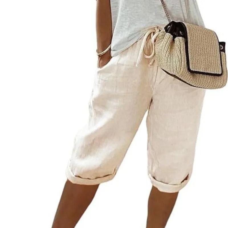 

Женские европейско-американские льняные хлопковые брюки с эластичной талией, повседневные брюки с карманами для летней женской одежды