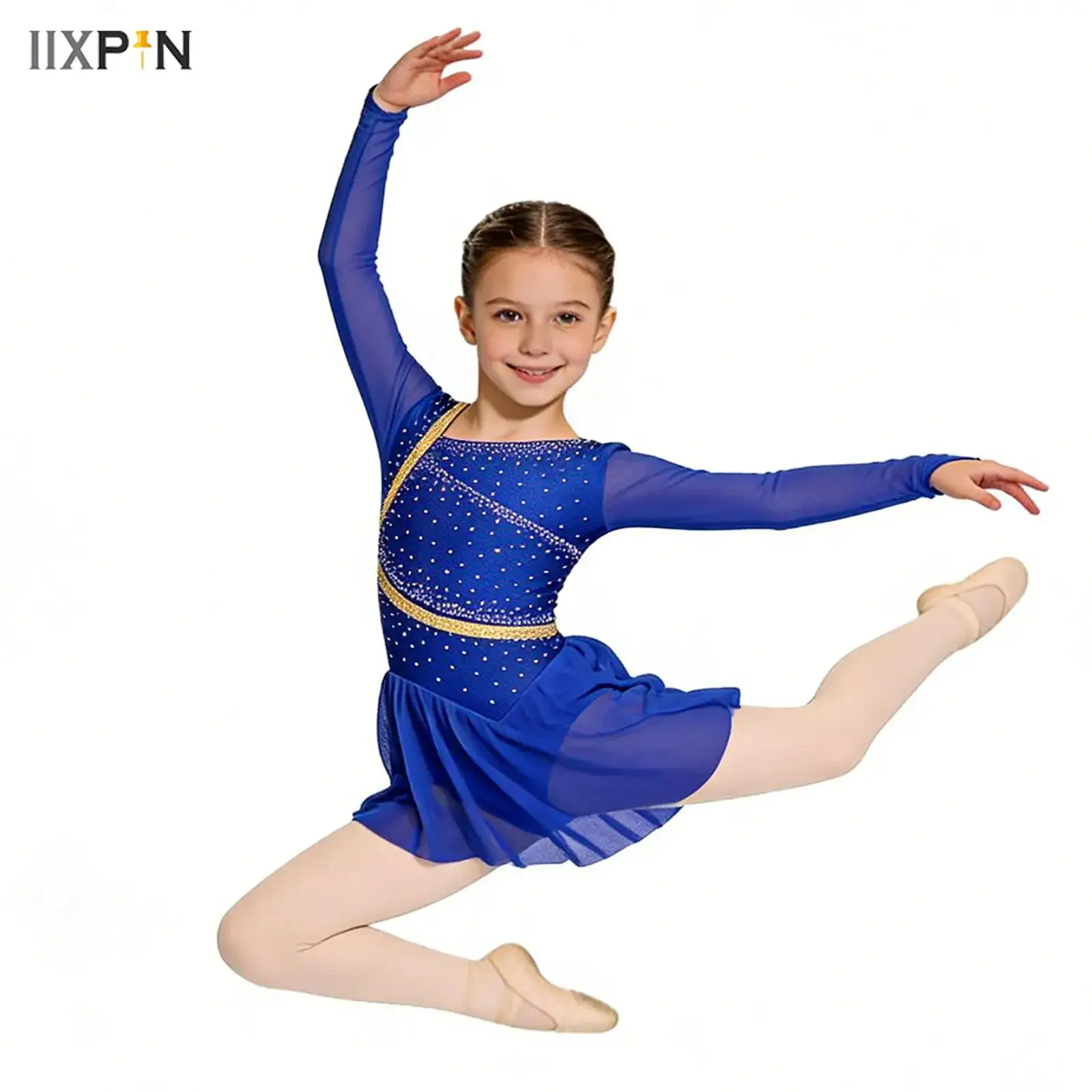 

Kids Girls Sparkly Rhinestone Ballet Jersey Leotard Dress Gymnastics Tights Bodysuit Artistic Figure Skating Dance Costume