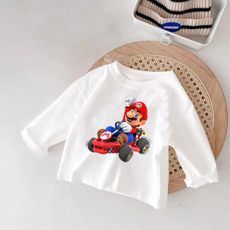 Super Mario Mens Womens O-Neck Long Sleeve T-Shirt White Cotton Top Casual Soft Book T-Shirts Spring Autumn Childrens Base Layer