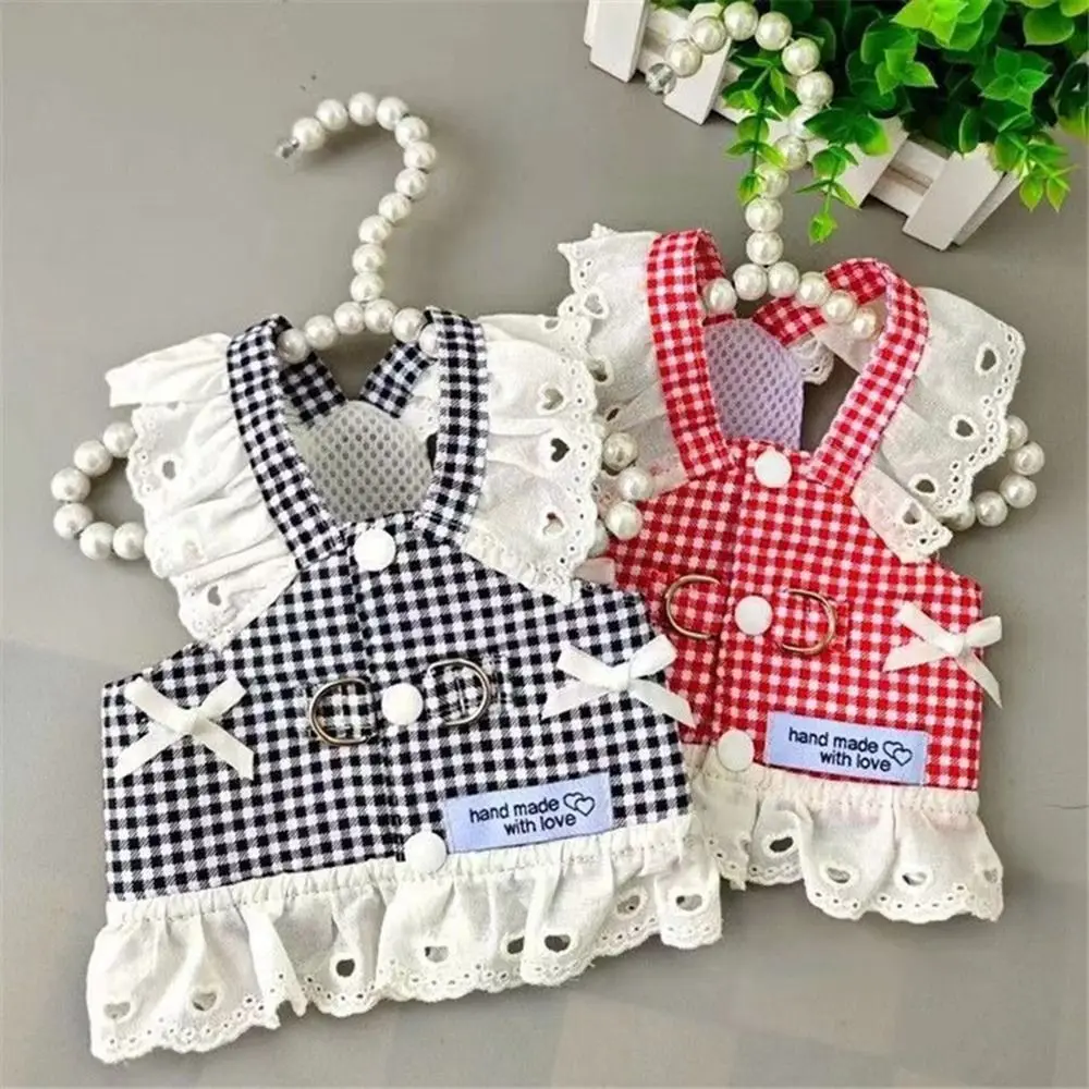 

Cotton Pet Suspender Skirt Traction Buckle Breathable Two Leg Dress Clothes Pastoral Style Grid Cat Dog Princess Dresses