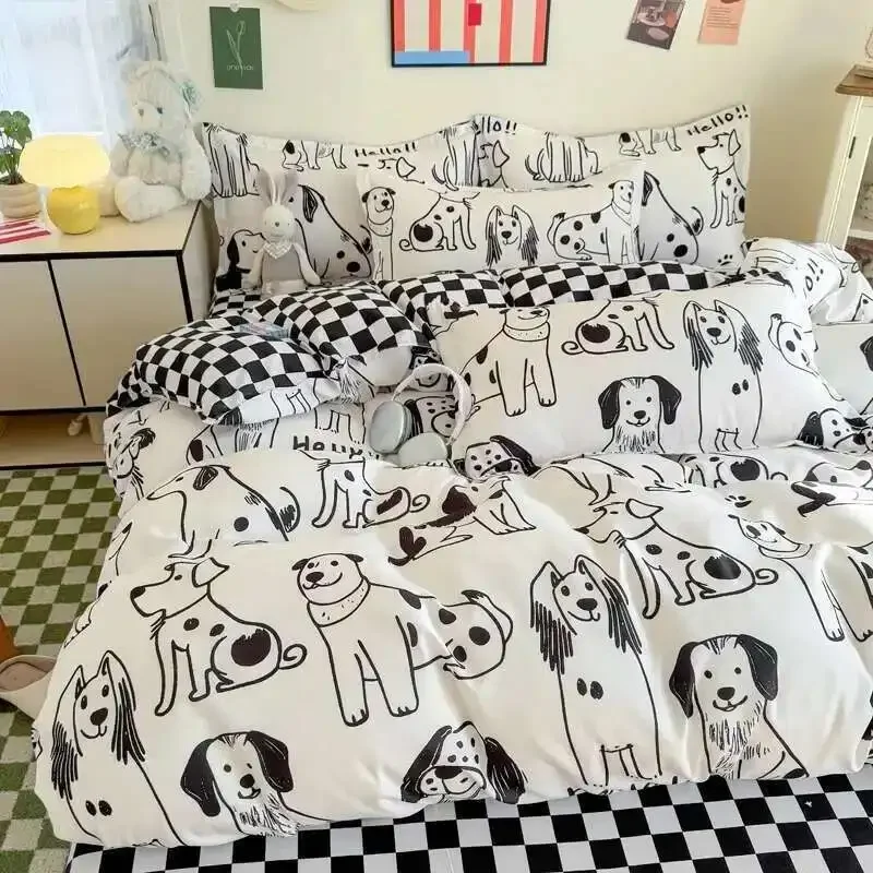 Cartoon Dog Print Bedding Set - Cute Puppy Design Duvet Cover Fitted Sheet For Single/Queen/King Size Beds (3PC Kids Set)​