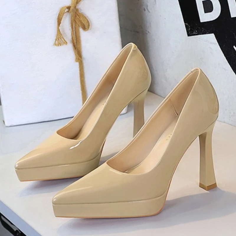 BIGTREE Shoes Platform Pumps Women 12 CM Heels Patent Leather High Heels Thick Heel Ladies Shoes Pointed End Woman Pumps Fashion view 2