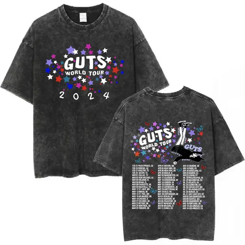 Guts 2024 World Tour Sour Vampire Vintage Washed T Shirts Men Women Clothes Fashion T-shirts Cotton Loose T-shirt Fans Gift Tops