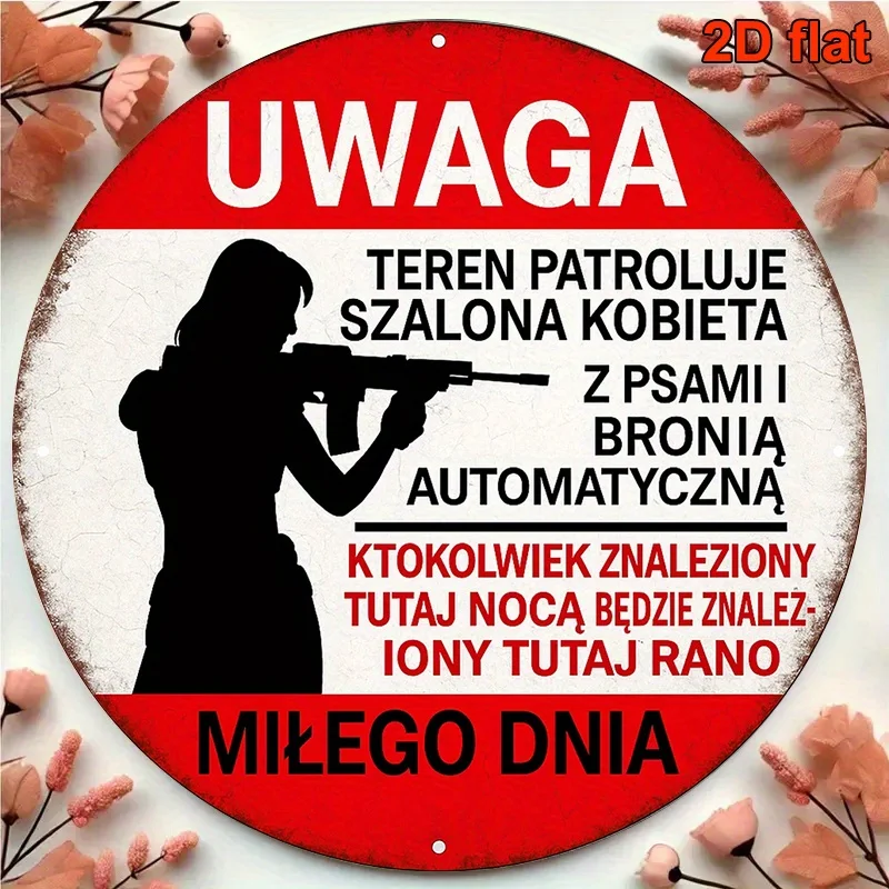 Vintage Round Metal Warning Sign, Polish Text Armed Patrol Woman Silhouette Wooden Fence Outdoor Security Wall Decor Plaque
