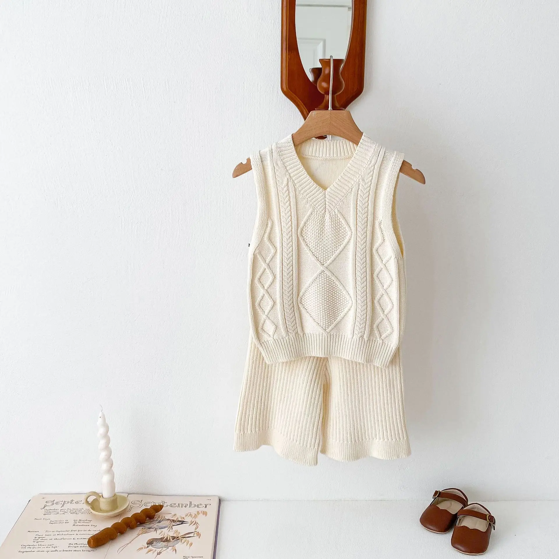 

2025 Autumn Kids Knitted Set Jacquard Cable Sleeveless Sweater & Pants Outfit Unisex Toddler 1-8 Years Casual Knit Vest Clothes
