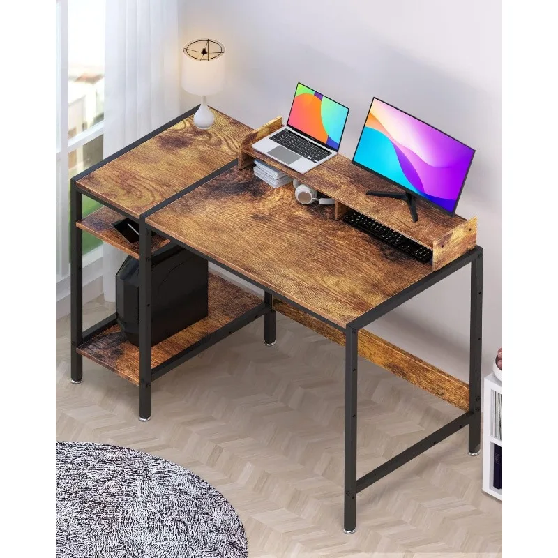 Computer Desk - 39” Gaming Desk, Home Office Desk with Storage, Small Desk with Monitor Stand, Rustic WritingDesk for 2 Monitors