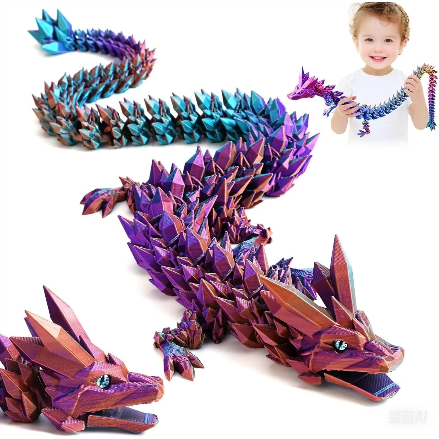

Large 3D Printed Dragon 24 inch - Articulated Crystal Dragon Toy with Wings, Poseable Desk Decor for Animal Collectors, Fidget