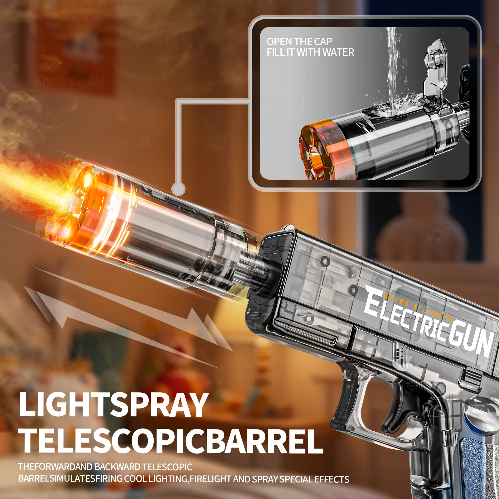 2025 Pistola a spruzzo elettrica e ad acqua per bambini di vendita calda simula il suono Pistola leggera Giocattoli Attività all'aperto Pistola a vibrazione spray Giocattoli