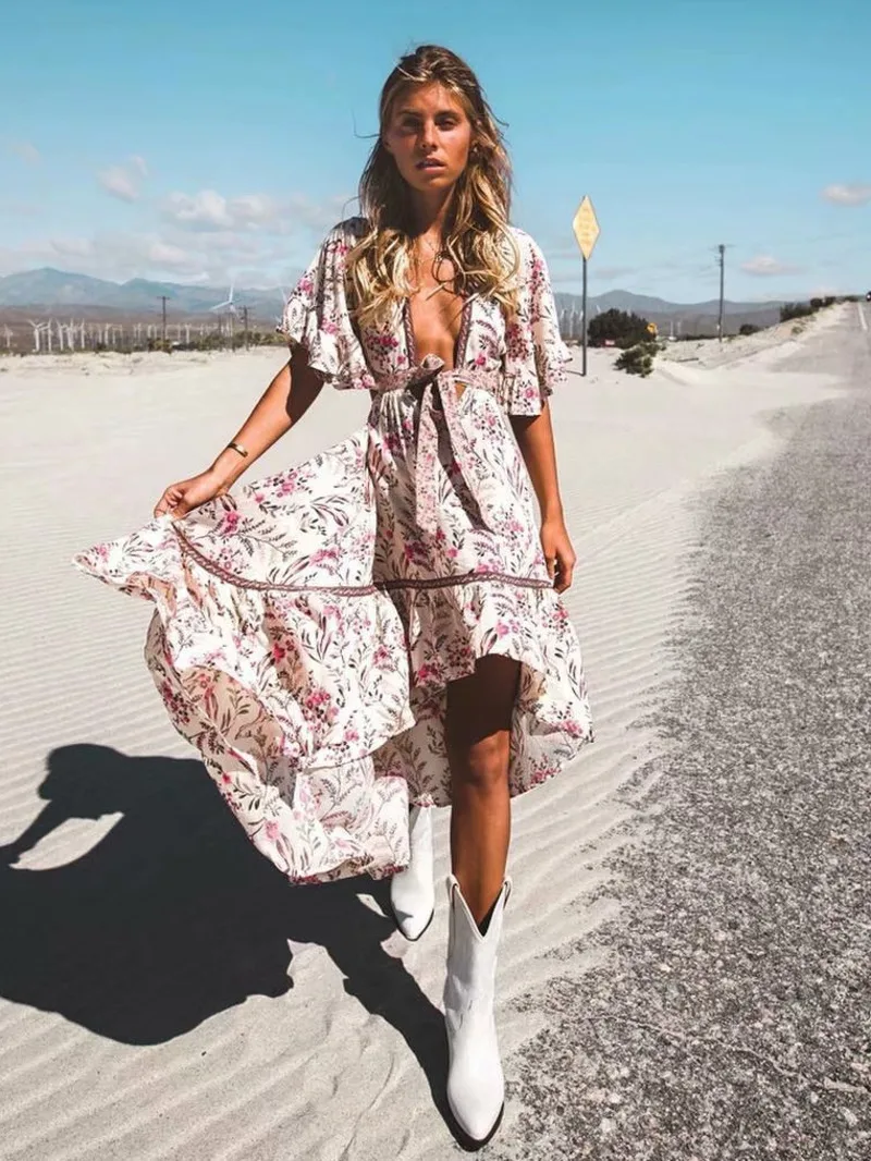 Women Hollow Out Sexy Beach Dress Bohemian Lady Short Sleeve High-Low Rayon Summer Vacation Boho Dresses Robe Dress H7ID