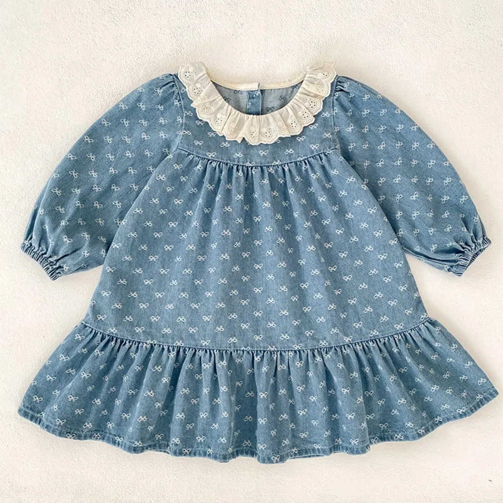 Autumn New Blue Casual Denim Long Sleeved Dress with Lace Lapel and Bow Print for Girls' Daily Wear