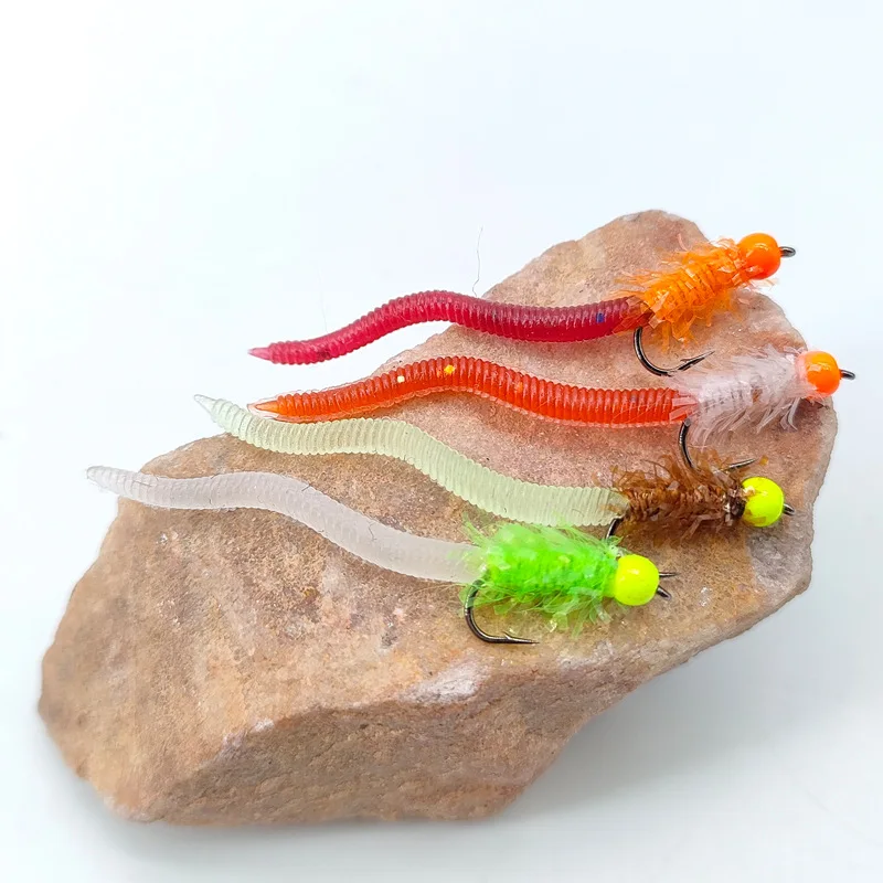 1 Stück leuchtender, simulierter Regenwurm-Köder, leuchtende weiche Würmer, Fliegenfischerfliegen, Haken für Regenbogenforellen, Bachforellen, Welsfischen