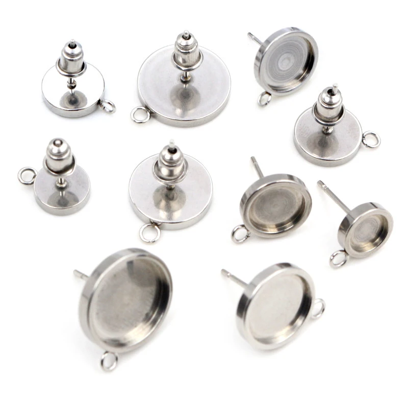 10 sztuk 6 8 10 12mm ze stali nierdzewnej zagęścić kolczyki szpilki, kolczyki puste bazy, fit 6-12mm szklane Cabochons DIY biżuteria akcesoria