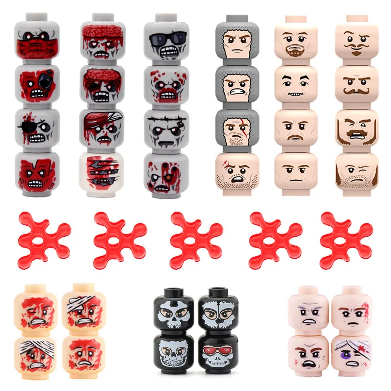 WW2 Injured Emotional Face Heads Accessories Building Blocks Army Soldiers Figures Zombie Heads Military Weapon Parts Bricks Toy