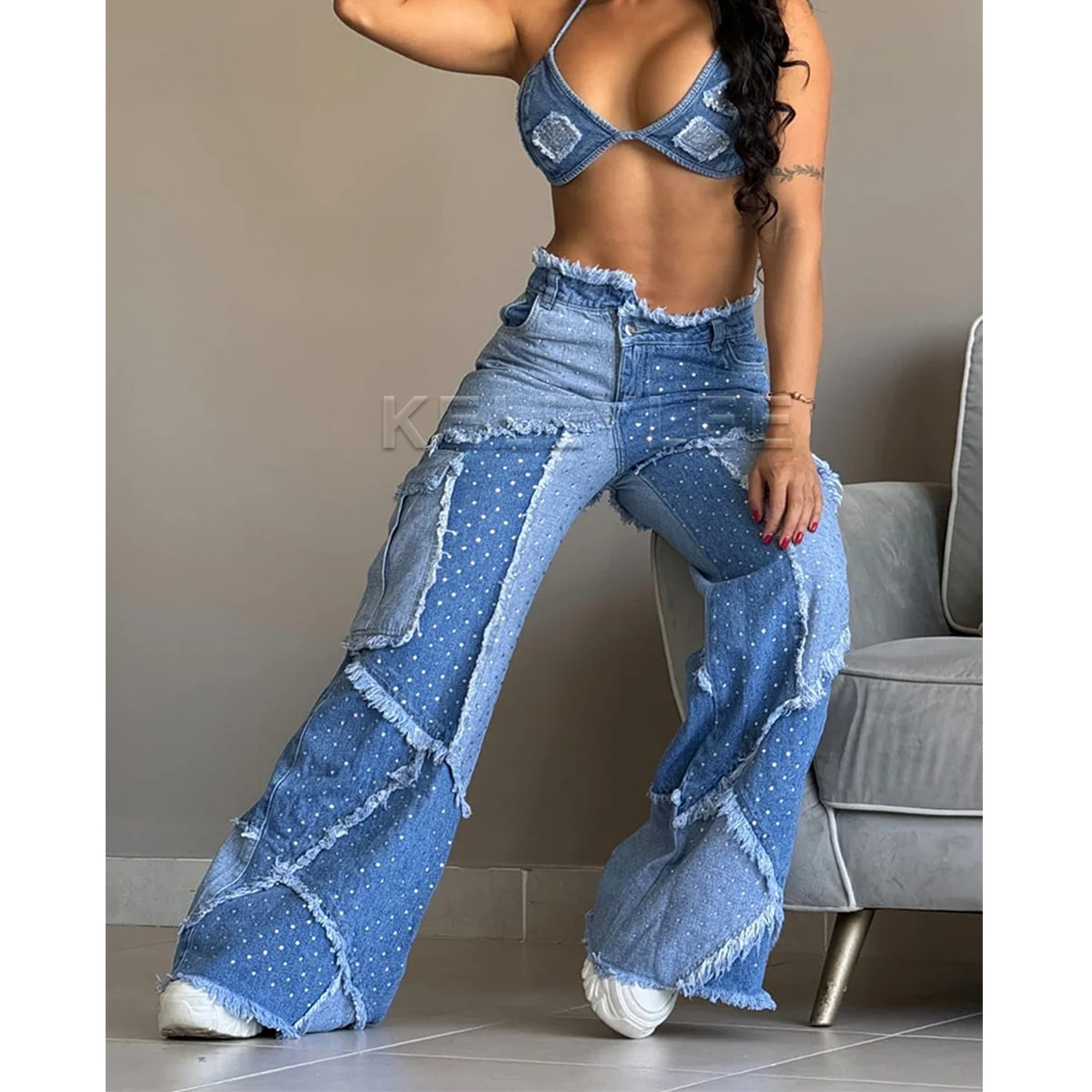 New Stylish Patchwork Loose Jeans Fashion Y2k Streetwear Washed Blue Trousers Vintage Wide Leg Pants 2024 Women's Daily Bottoms