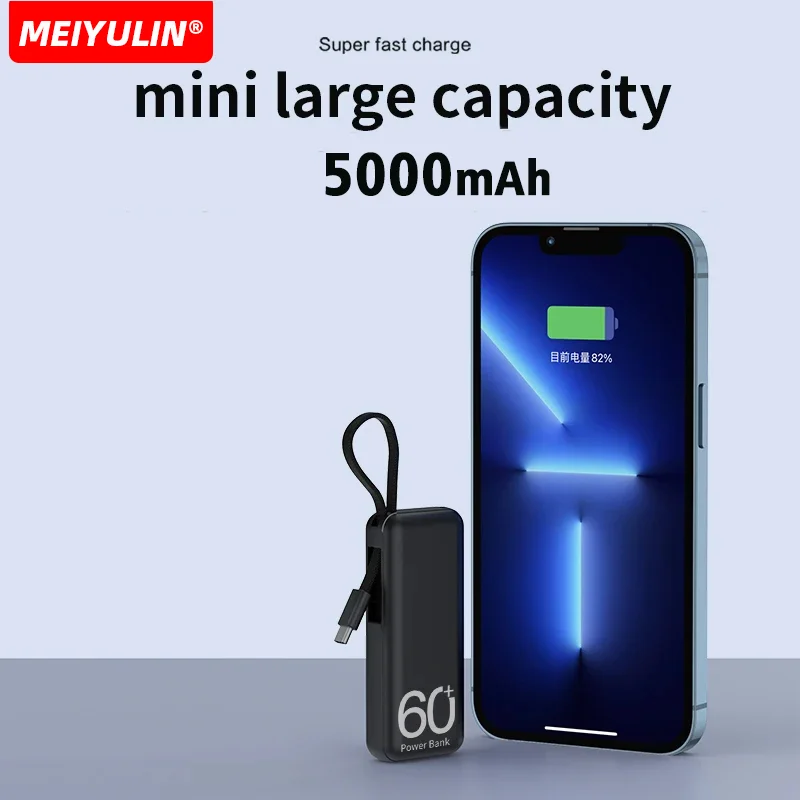 5000mAh Portable Mini Power Bank With Cable External Spare Battery Fast Charging Small Powerbank For iPhone 15 Samsung Xiaomi