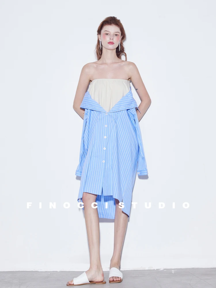 Finocci Blue White Striped Color Block Shirt Dress Casual High Waist Soft Cotton Summer Loose  Mock Two-Piece Wrap Dress