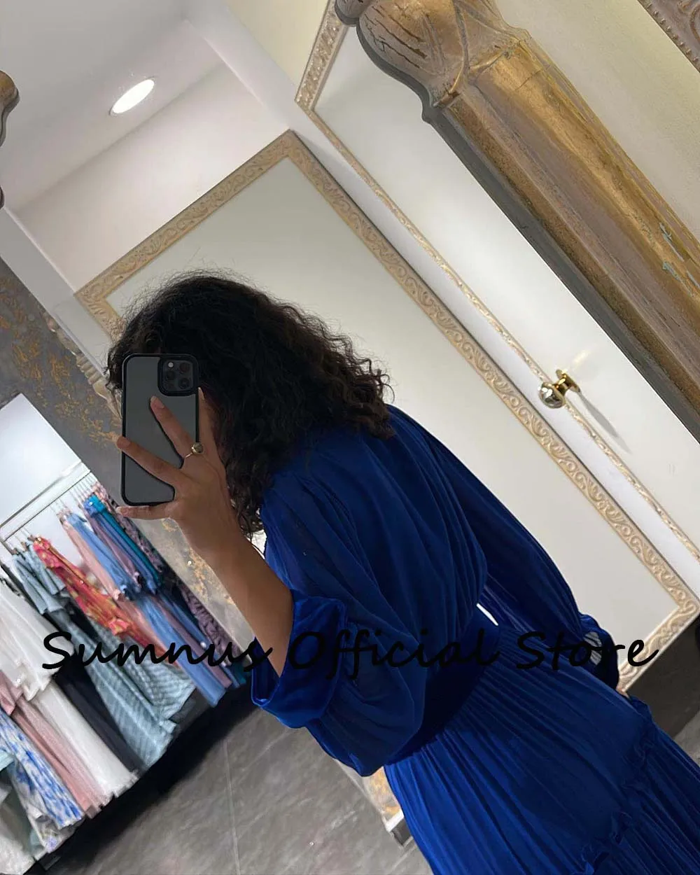 Sumnus-vestidos de noite azul royal com cinto, linha A, árabe saudita, manga comprida, perolização, apliques, Dubai elegante, vestidos de baile com cinto