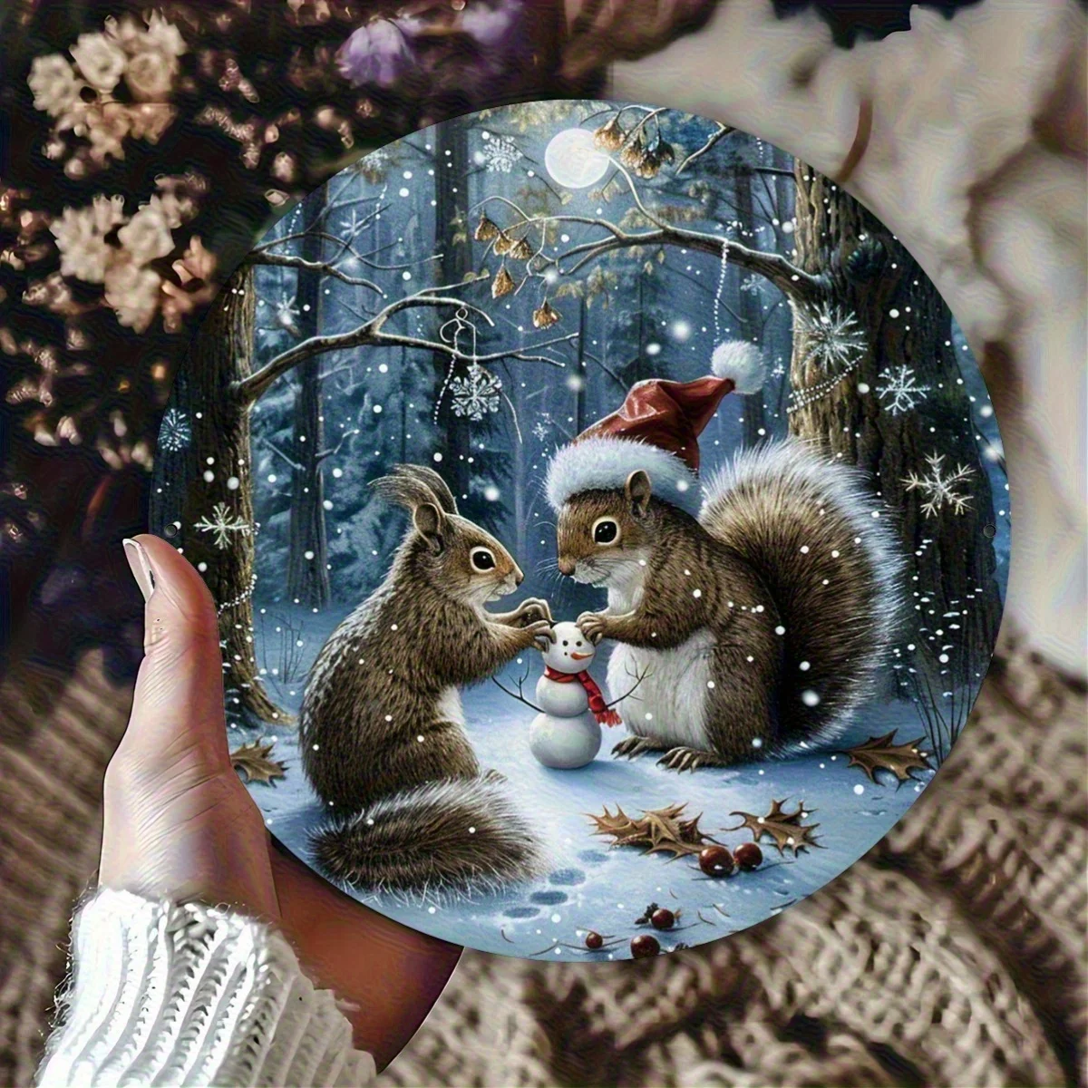 مسطح ثنائي الأبعاد، قطعة واحدة من لافتة الألومنيوم العتيقة - فن جداري لمشهد الشتاء على شكل سنجاب عيد الميلاد، ديكور معدني ريفي مقاس 8 × 8 بوصة للداخلية/الخارجية #1