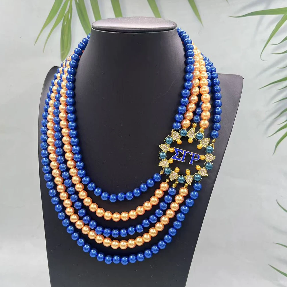 Sigma Gamma Rho Multi Layer Yellow Blue Bead Greek Letter Flower Shaped Charm Necklace