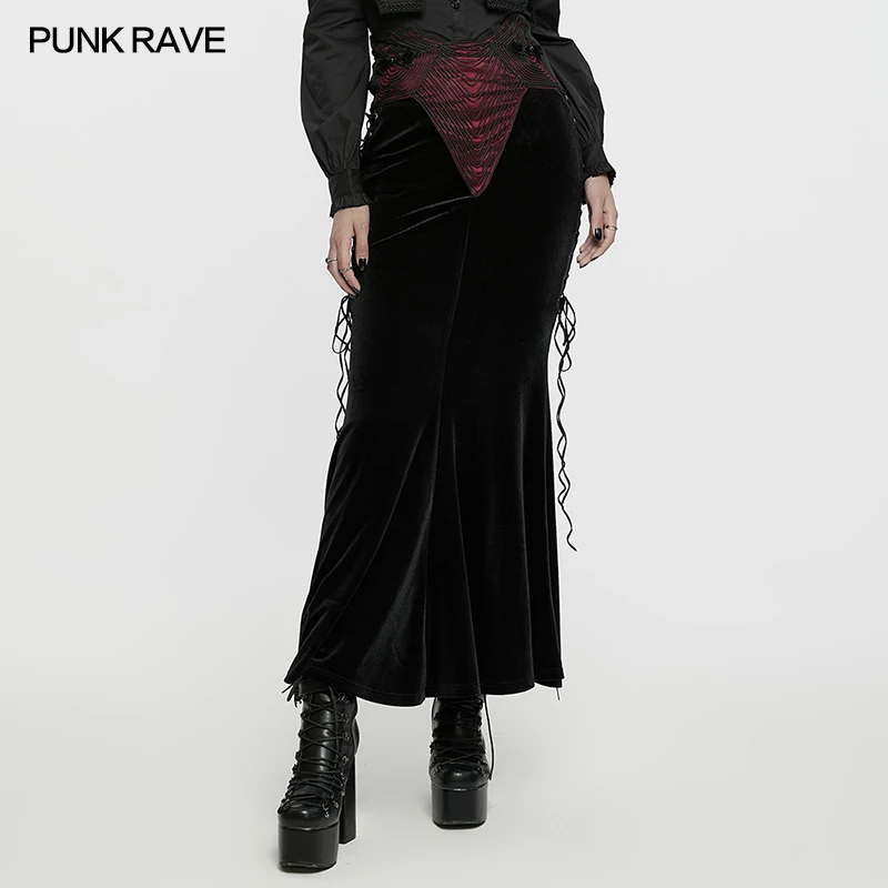 PUNK RAVE Women's Gothic Slim Fit U-shaped Inverted Fishtail Skirt 3D Rose Buckle Dark Gorgeous Long Skirts Women