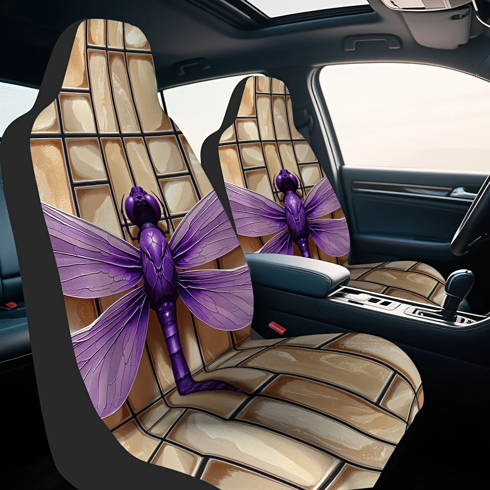 2pcs Purple Dragonfly Stained Glass Print Car Seat Covers - Stylish & Unique Decorative Front Set, Fit For Most Cars, Machine Wa