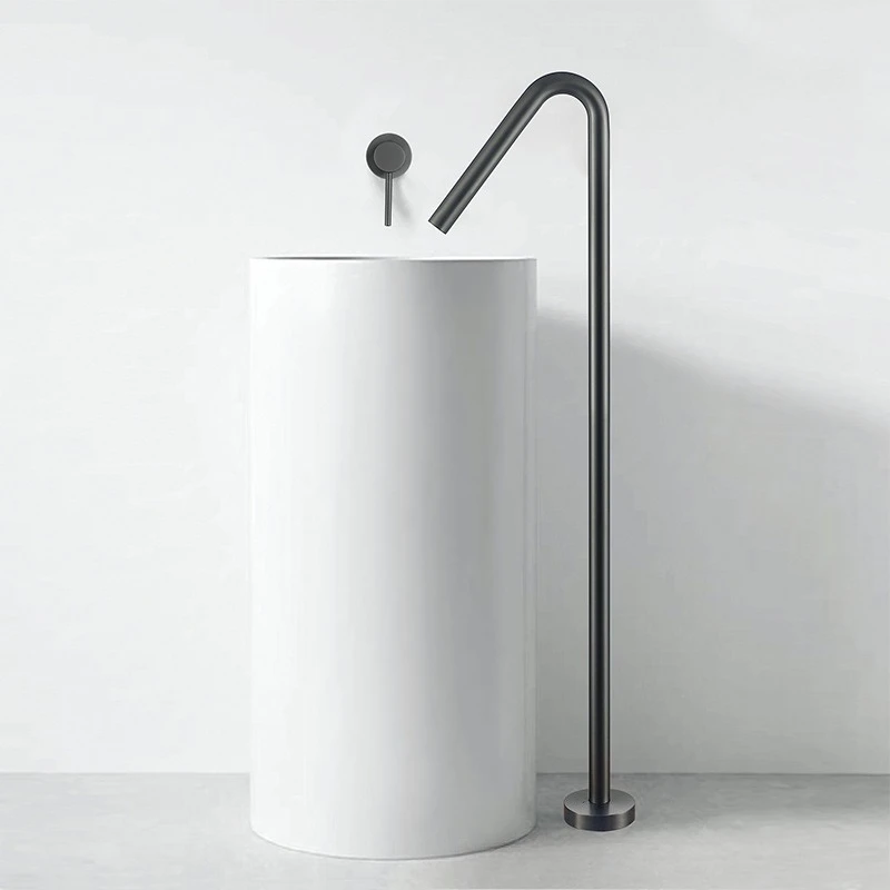 Brushed Gold Freestanding Bathtub Faucet Stainless Steel Hot Cold Water Valve Bathroom Sink Pillar Basin