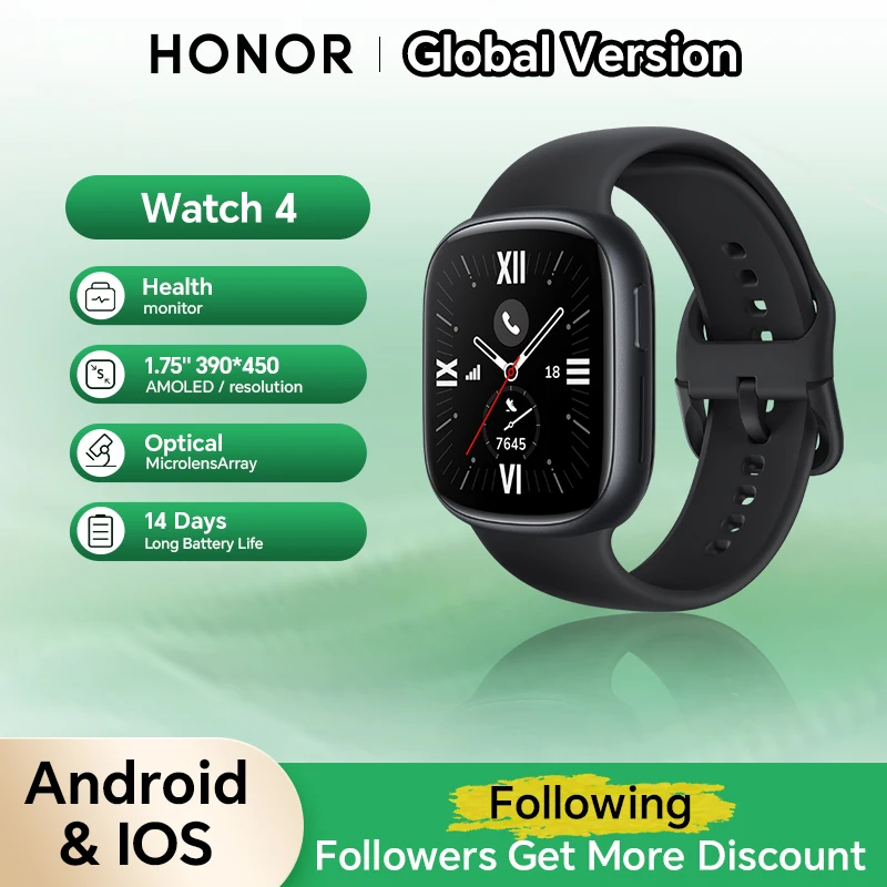 

Умные часы Honor Watch 4, с 1,75-дюймовым AMOLED-монитором сердечного ритма и стресса, спортивный ремешок для часов, 14-дневный срок службы батареи