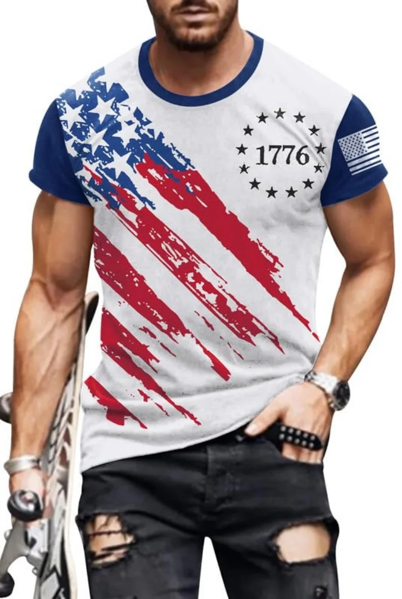 

Mens 1776 Distressed T-Shirt 4th of July Shirt Tops American Flag Patriotic Short Sleeve Independence Day Shirt 3D pring t-shirt