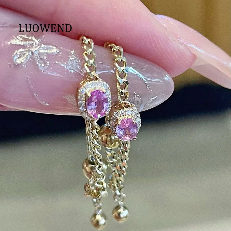

LUOWEND 100% 18K Yellow Gold Rings Chain Design Romantic Style Shiny Diamond Natural Pink Sapphire Ring for Women Fine Jewelry