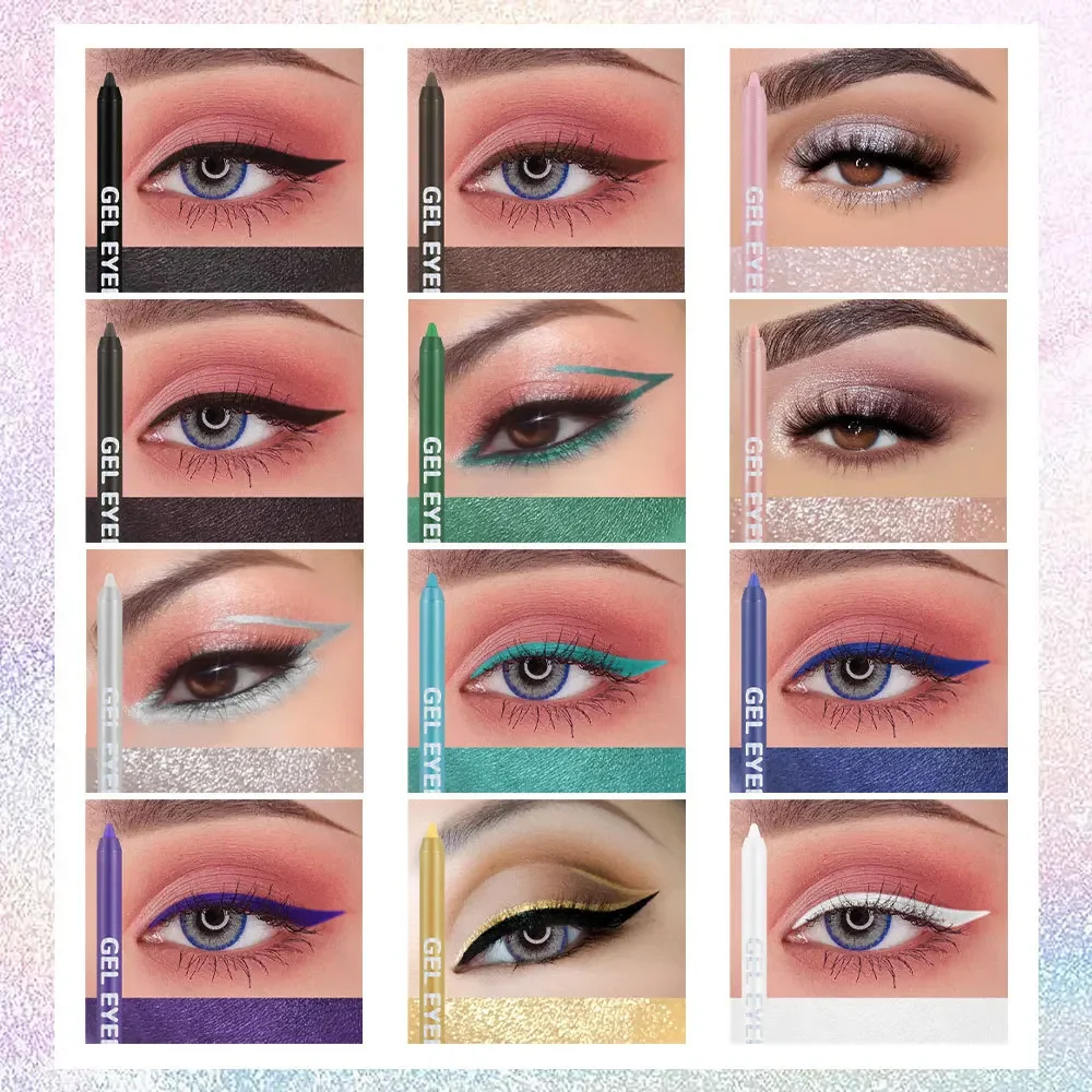 12-kleuren glitter eyeliner matte glans glans waterdichte langdurige hold make-up mode multifunctionele eyeliner oogschaduw pen