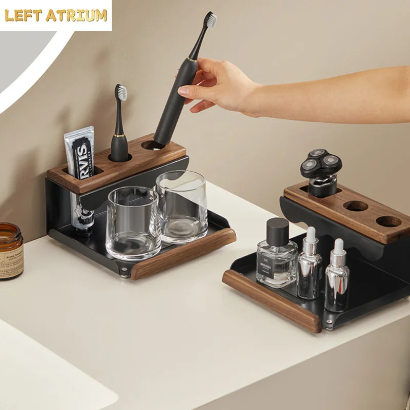 Walnut Electric Toothbrush Holder Bathroom Vanity Top Tooth Cup Toothpaste Mouthwash Cup Organiser