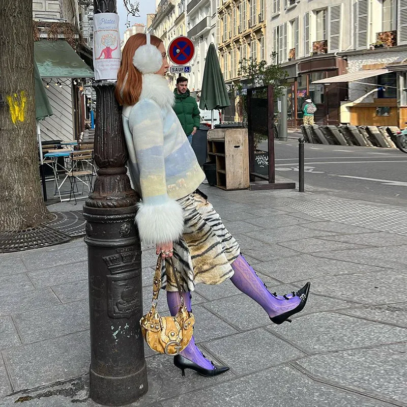 Bedruckte Kunstpelz-Patchwork-Wollkurzmäntel für Damen, Street-Style, Reverskragen, Langarm, Lose Jacke, Herbst-Winter, Schicke Damen-Oberbekleidung, Neuheiten – Detail 11