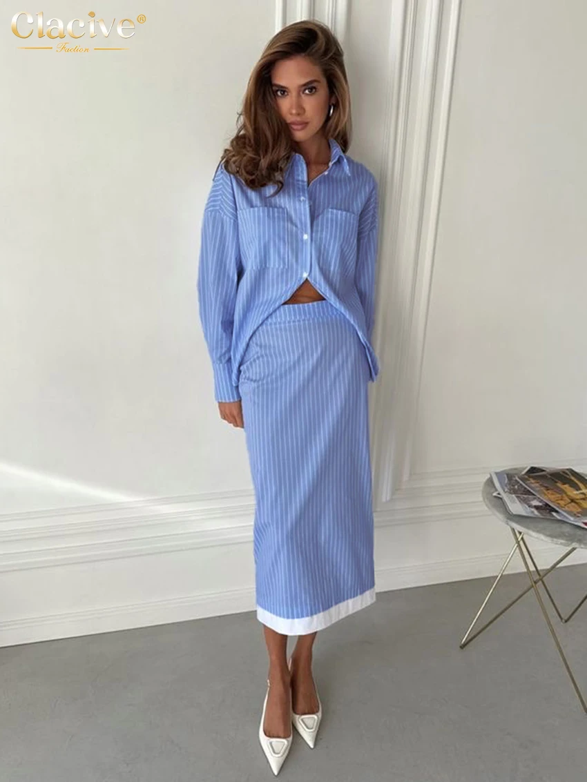 

Clacive Fashion Loose Stripe 2 Piece Set Woman Outfit 2025 Elegant Long Sleeve Shirt With High Waist Midi Skirt Set Female