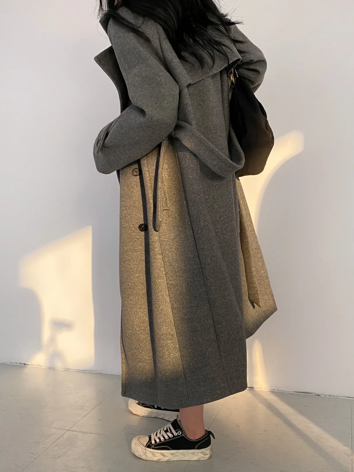 

Chic Retro Chic Double-Breasted Button-Up Waist-Cinching Long Coat Woolen Coat Commute Sle Spring Autumn Season Long Sve