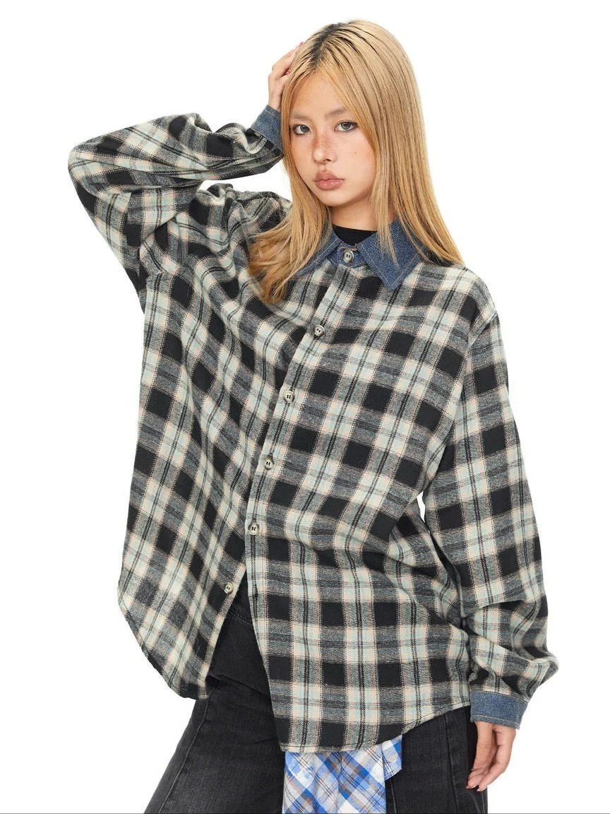 

American Sle Plaid Long Sve Loose Jeans Collar irt Men Women Spring Autumn New Design Lazy Outerwear Casual irt