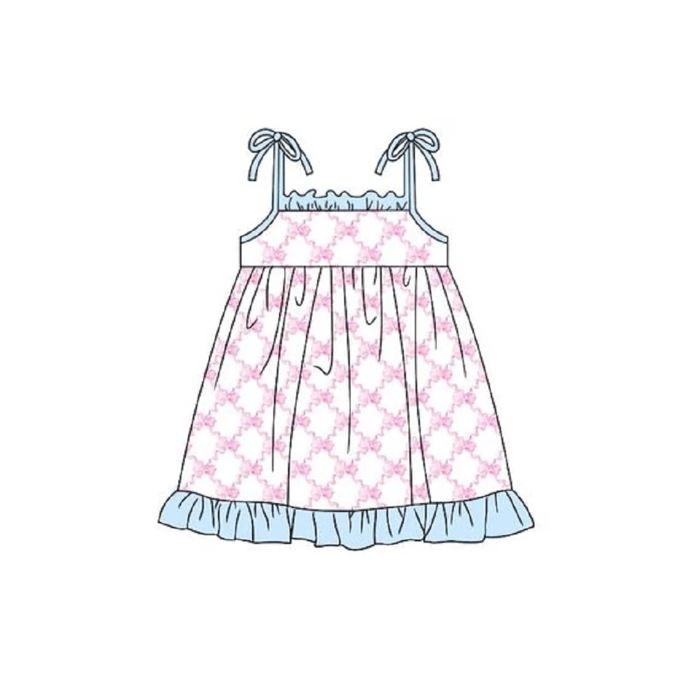 

Pink Bow Print Boys Summer Sleeveless Blue Ruffle Decorated Knee-Length Boutique Dress