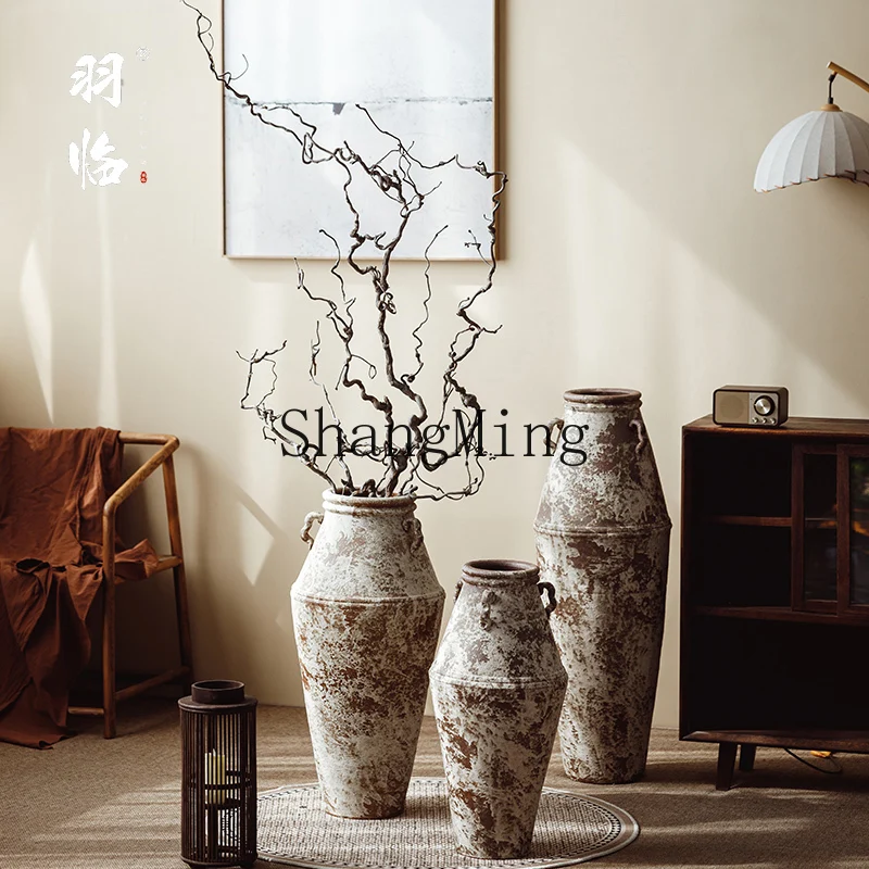 

HJ Jingdezhen Chinese-style retro floor-to-ceiling large vase with dried flower sand white three-ear conical coarse pottery