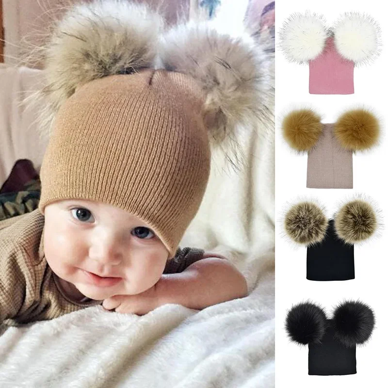 Cute Faux Fur Pompom Baby Beanie Winter Warm Knitted Wool Cap Baby Girl Boy Kids Double Ball Gorro Crochet Hat Boys Winter Hat