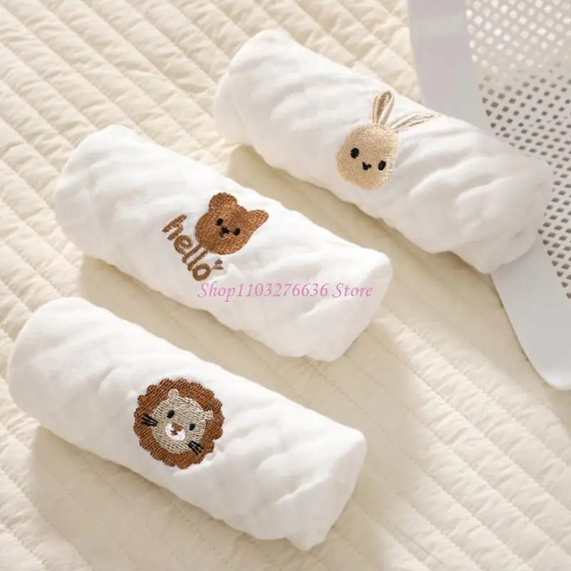 

R6FD Baby Towel Soft Teething Bib Cartoon Embroidery Burp Cloth 6-Layer Kids Handkerchief Sweat Wipe Cloth Newborn Facecloth