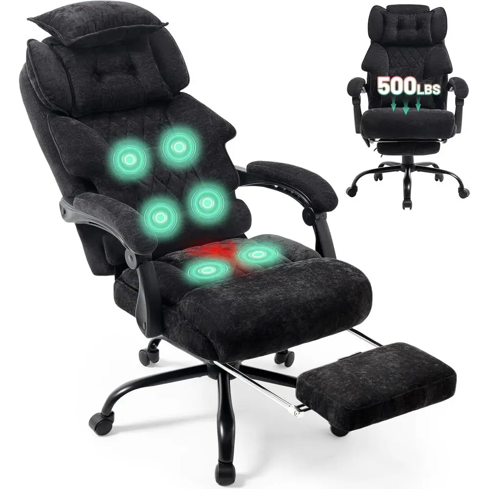 Ergonomic 500lbs Capacity Reclining Office Chair with Footrest, 6-Point Vibration & Heat, Ideal for Big and Tall Users, Black Cl