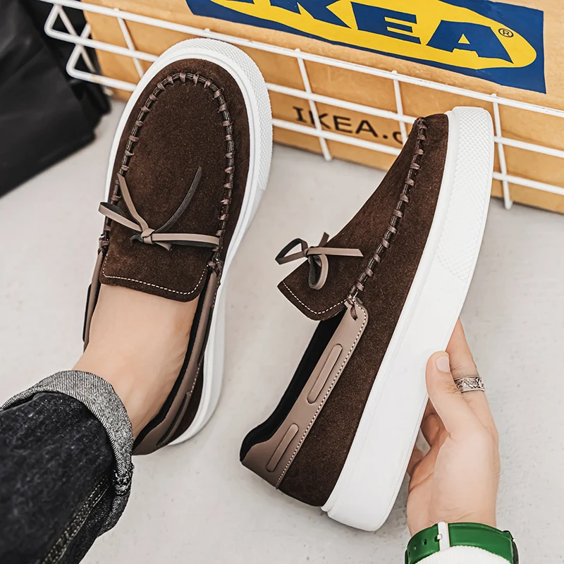 Fashion Trends Mens Loafers Shoes Suede Slip on Casual Dress Man\'s Shoes Wedding Office Gray Soled Leather Shoes High-end