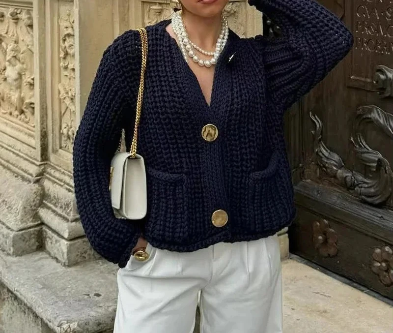 

New Blue Cropped Cardigan Women Knitted Short Sweaters for Women Long Sleeve Button Cardigans Women Autumn Jersey Knitwears