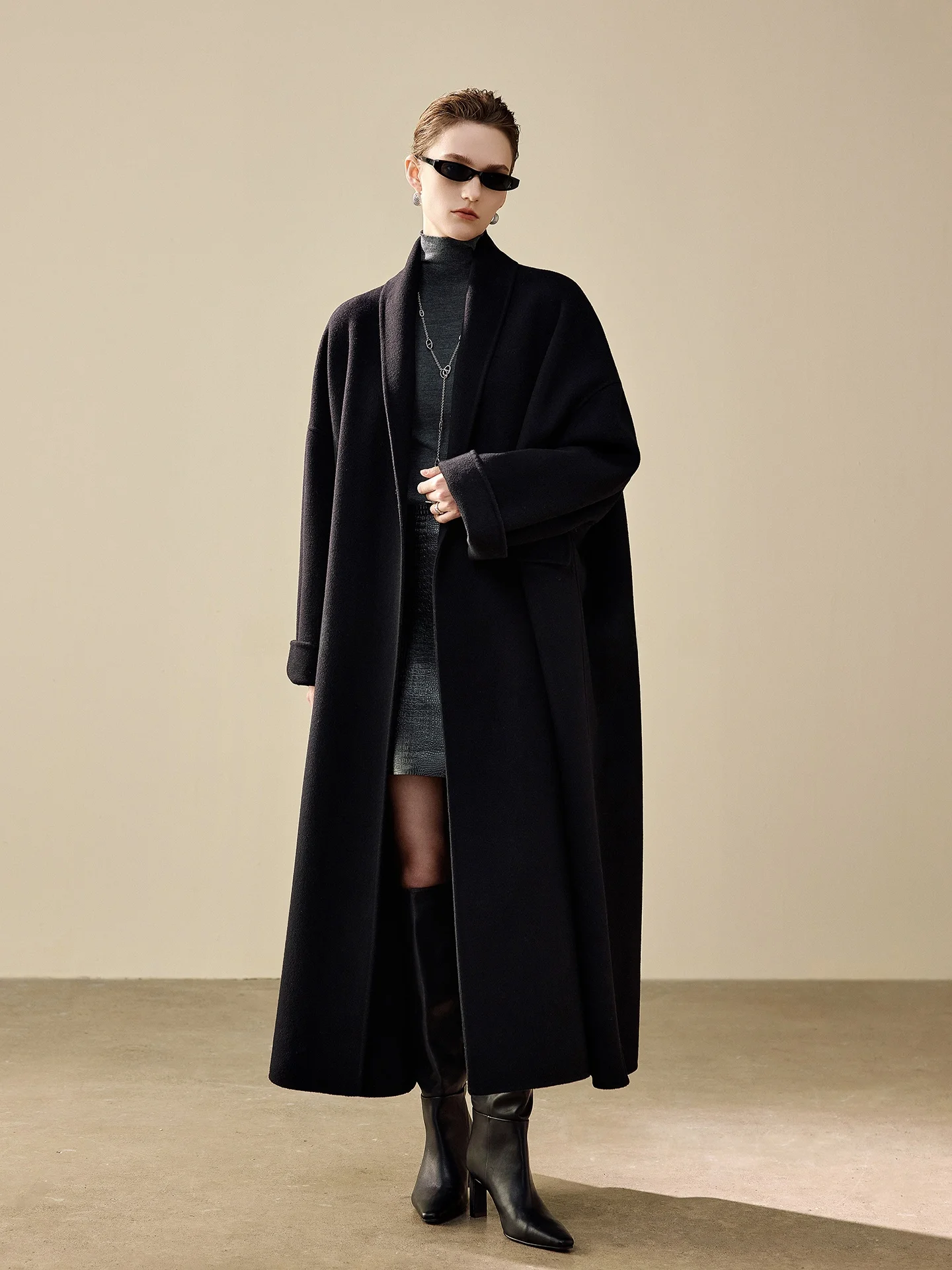 

Missprins Double-Faced Wool Long Coat Robe Style Women's Fashionable Lazy Atmosphere Mango Leaf Collar Cashmere Outerwear