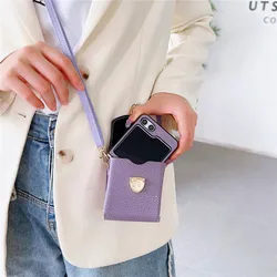 2 In 1 Crossbody Bag Leather Phone Case for Samsung Galaxy Z Flip 7 6 5 Flip7 Flip6 Flip5 5G Shoulder Pouch Necklace Strap Cover
