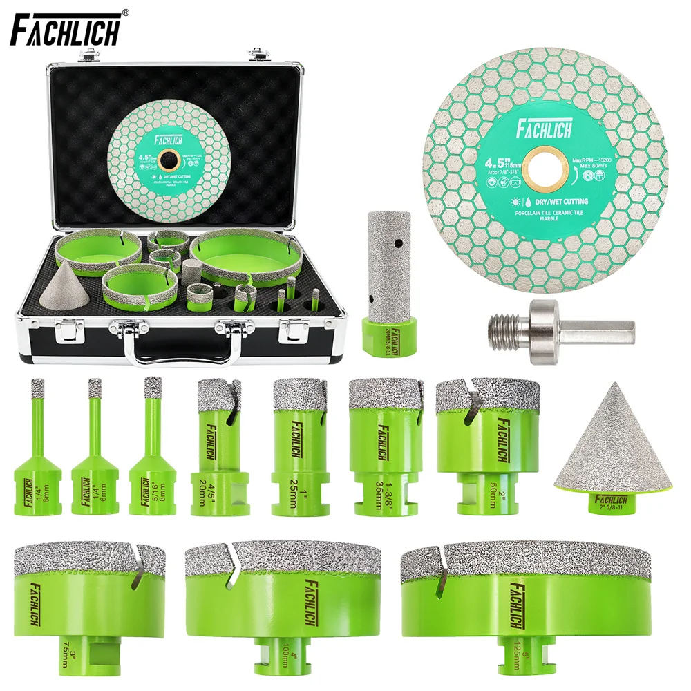 

FACHLICH 13pcs 6-125MM Drill Bits Kit Hole Saw Set With 115mm Double Cutting Grinding Disc for Tile Marble Concrete Porcelain