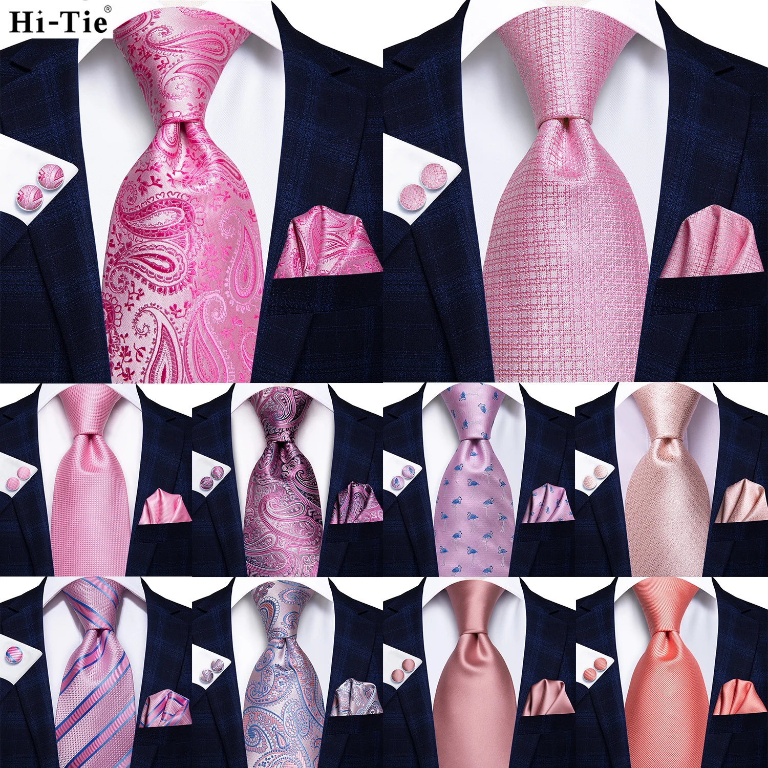 Hi-Tie Solid Peach Pink Coral Paisley Mens Silk Wedding Tie Fashion Design Necktie For Men Quality Hanky Cufflink Business Party